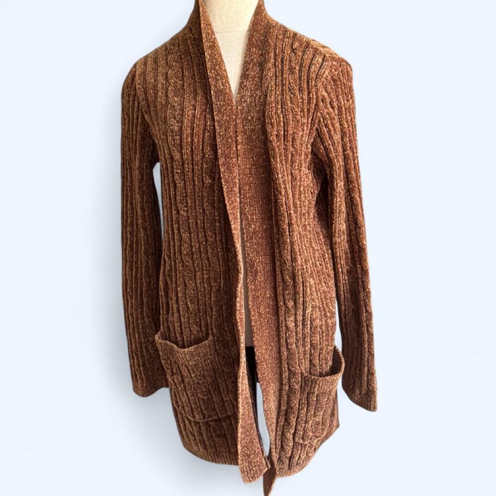 Matty M Brown Chenille Cable Knit Cardigan Large Open Front Pockets Cottagecore